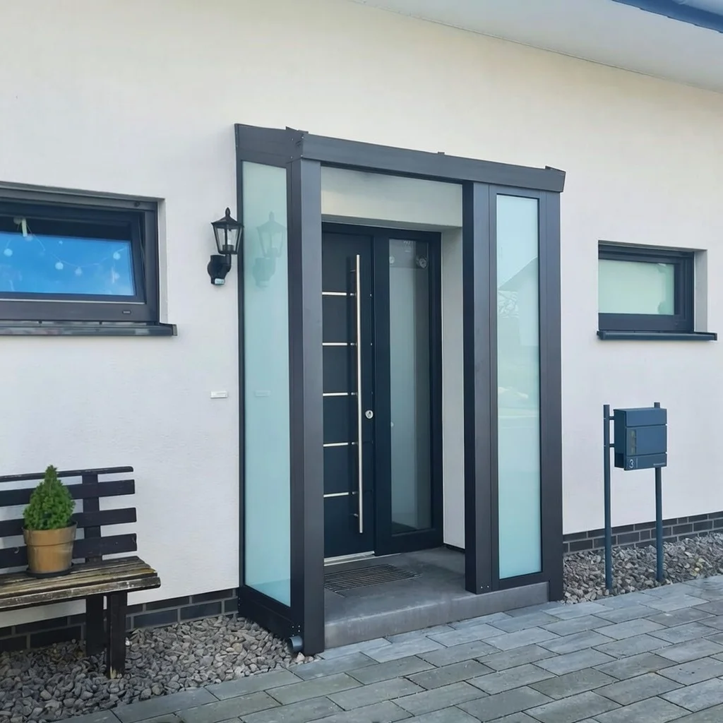 Eingangsportal mit Milchglas-Seitenteilen aus Aluminium in Monheim am Rhein
