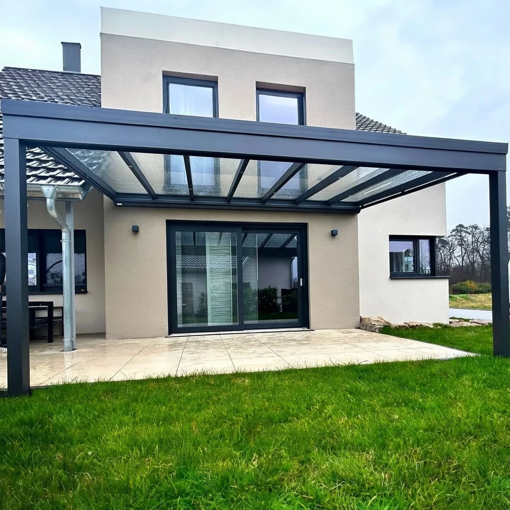 Moderne Glas-Terrassenüberdachung in Aluminium Anthrazit – WPC Terrasse