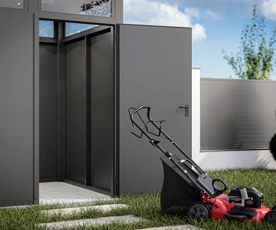 Metall-Gartenhaus anthrazit mit offener Tür