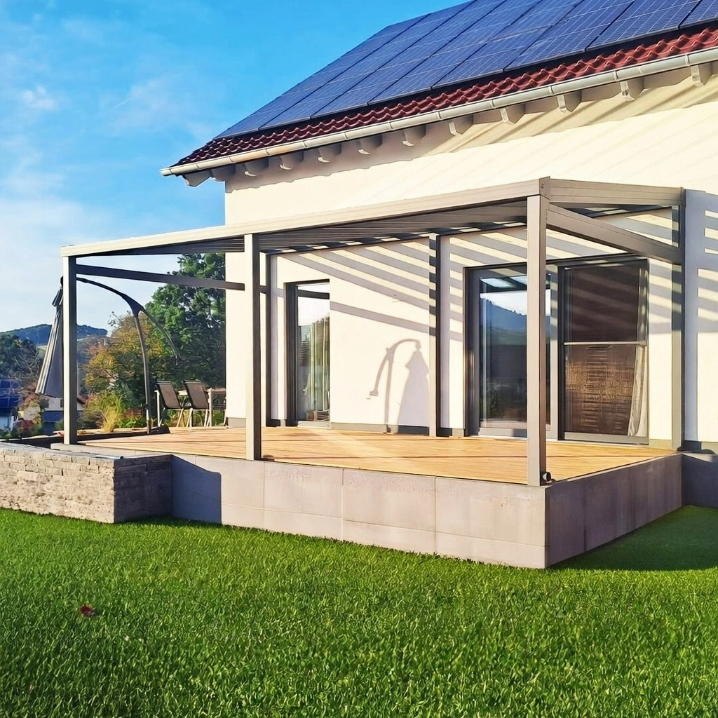 Modernes Aluminium-Terrassendach Anthrazit auf Holzterrasse