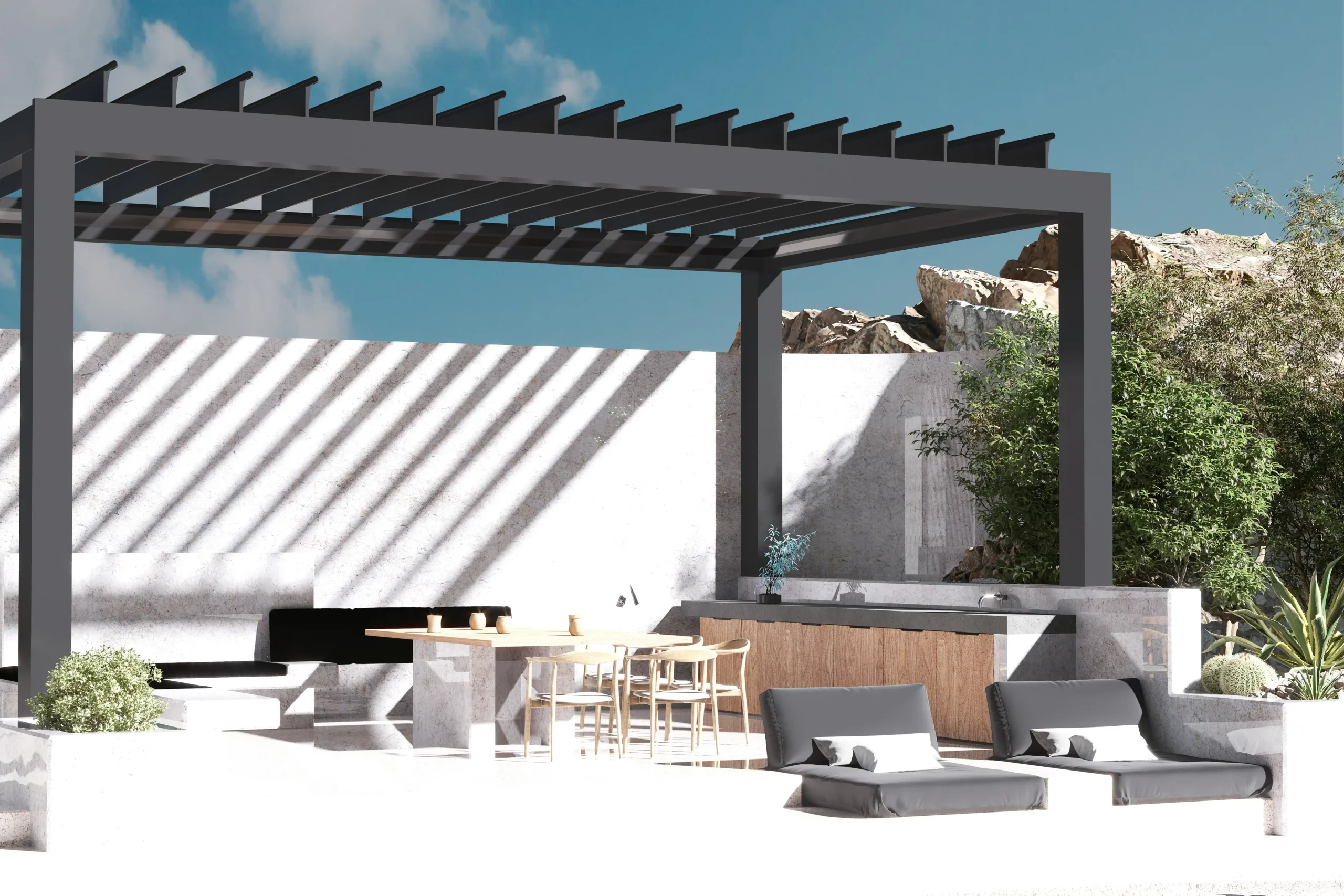 Moderne Aluminium-Pergola mit Lamellendach und LED-Beleuchtung, minimalistisches Design für NRW