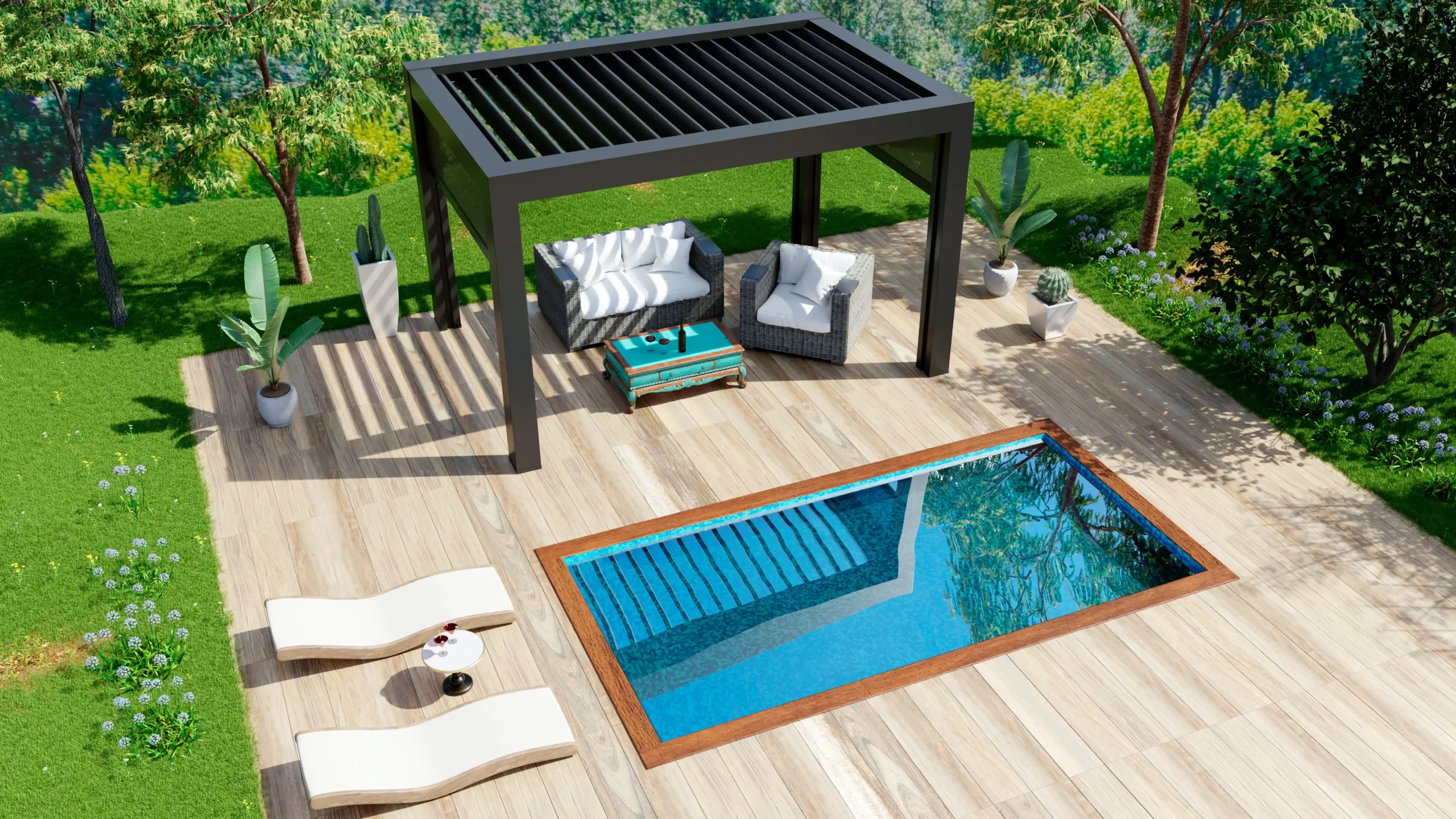 Lamellendach Pergola mit Pool und Holzterrasse, Schatten und Lichtsteuerung auf Knopfdruck